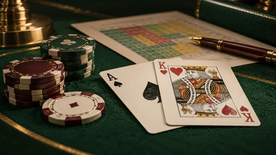 Blackjack cards and chips beside a strategy chart on green felt
